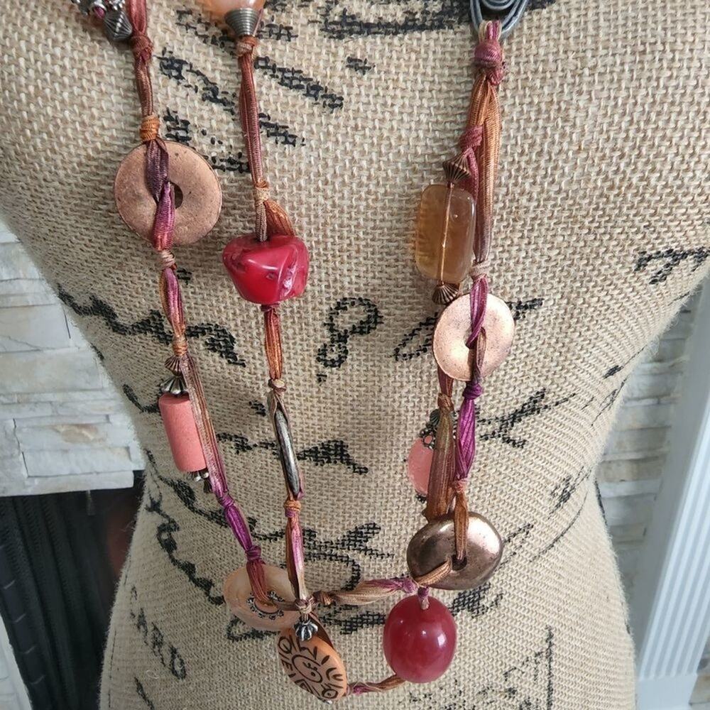 TRESKA boho semi precious stone and copper disc charm long necklace new